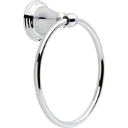 Chrome circular towel ring mounted on wall with fluted backing plate and spherical finial.