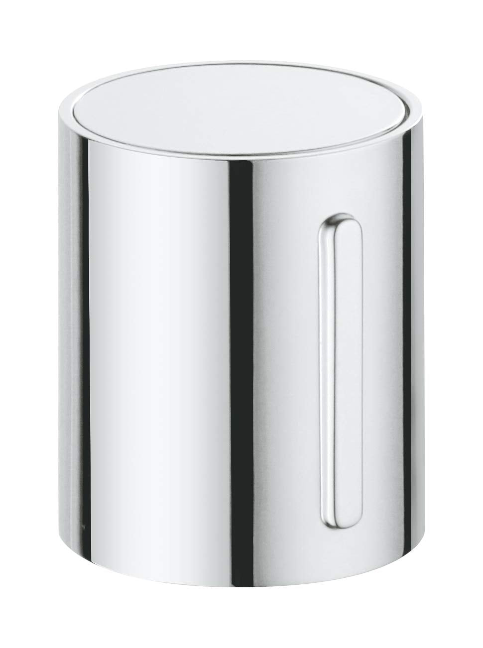 Chrome cylindrical handle with vertical grip slot and polished finish.