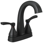 Matte black two-handle bathroom faucet with curved spout and lever handles on rectangular base.