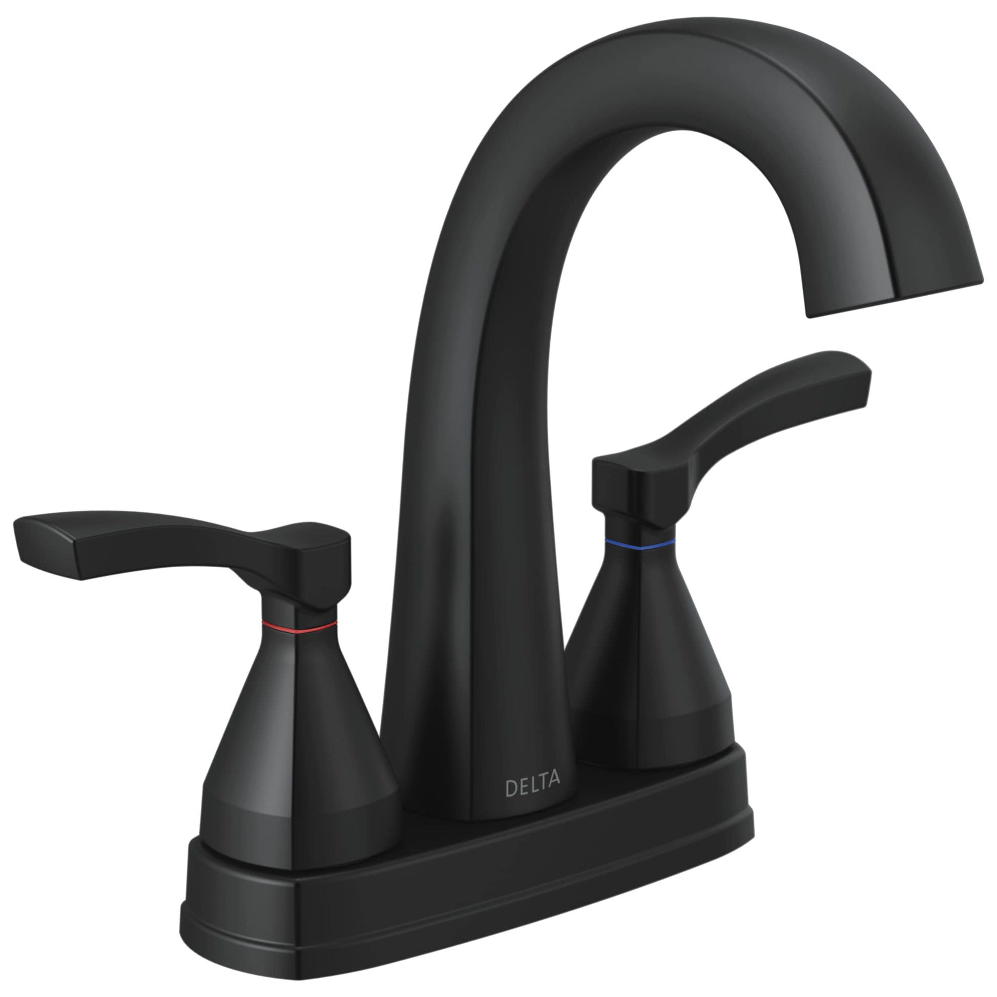 Matte black two-handle bathroom faucet with curved spout and lever handles on rectangular base.