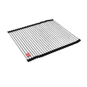 Stainless steel sink grid with parallel rods and black rubber corners for bottom sink protection.