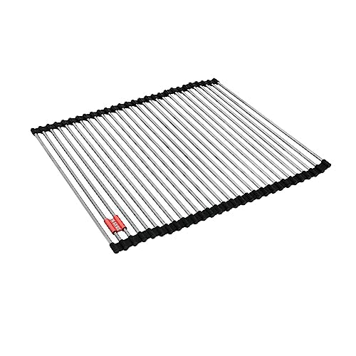 Stainless steel sink grid with parallel rods and black rubber corners for bottom sink protection.