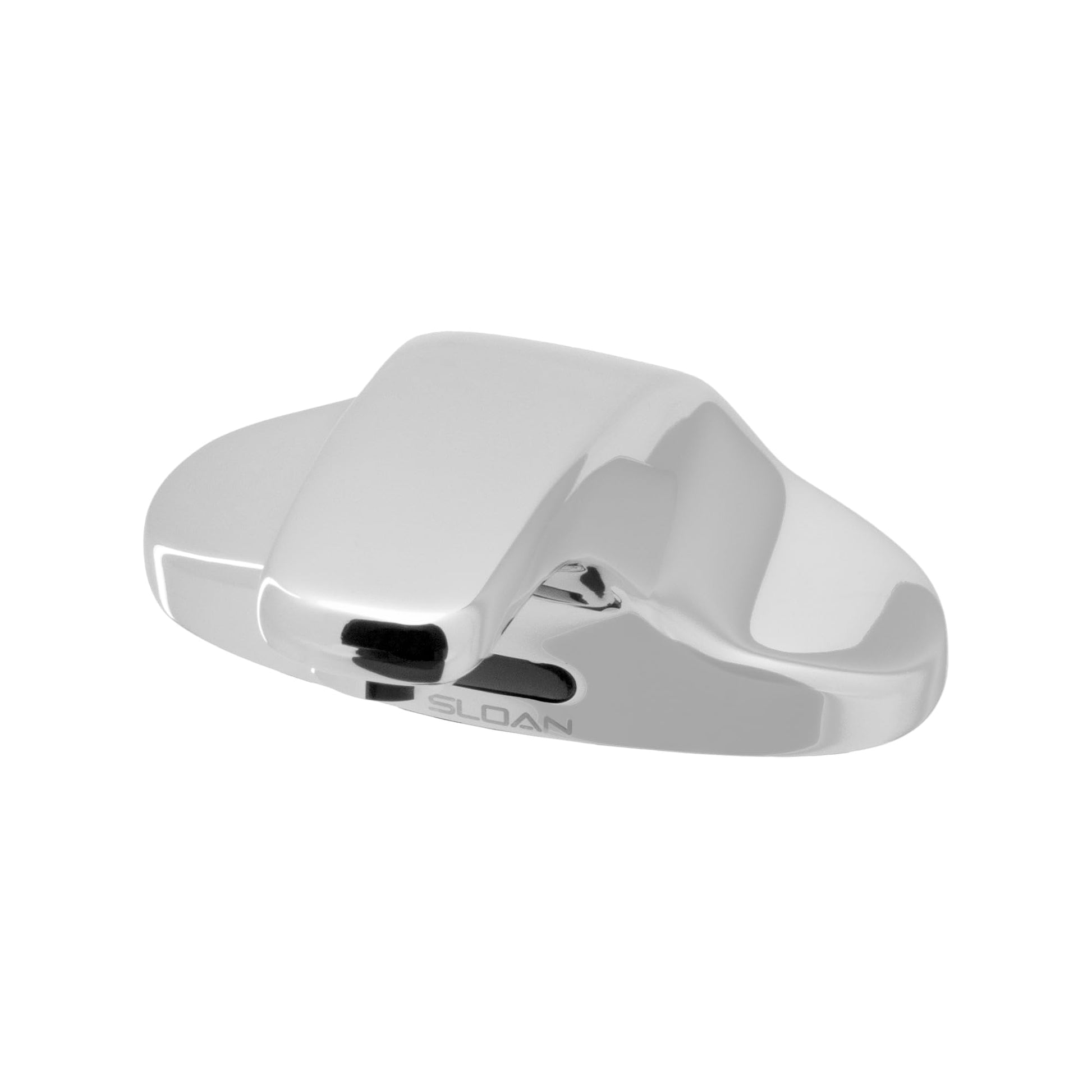 White Sloan battery-powered deck-mounted faucet base with chrome sensor and black control buttons.