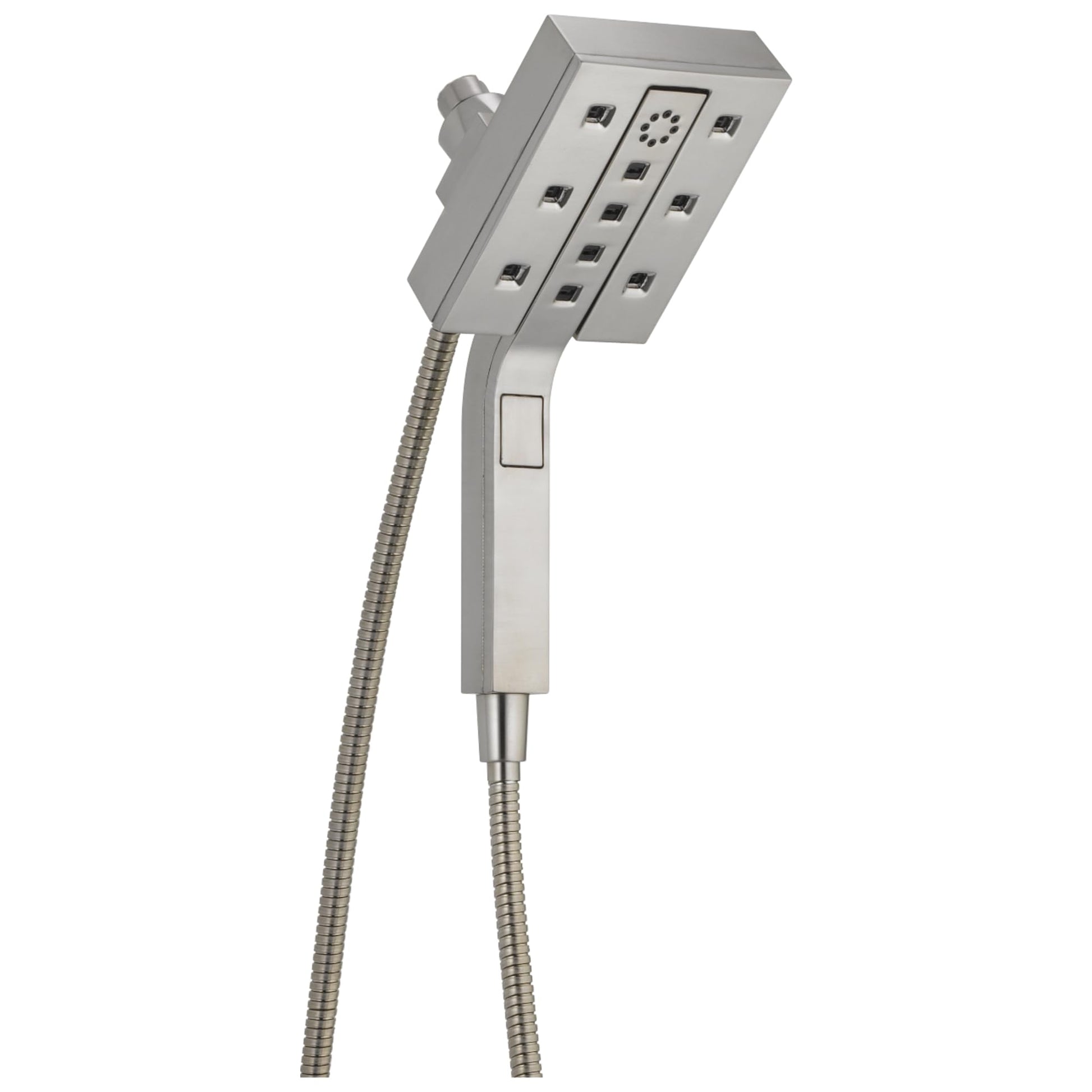 Square chrome shower head with multiple jets and attached handheld sprayer with flexible hose.