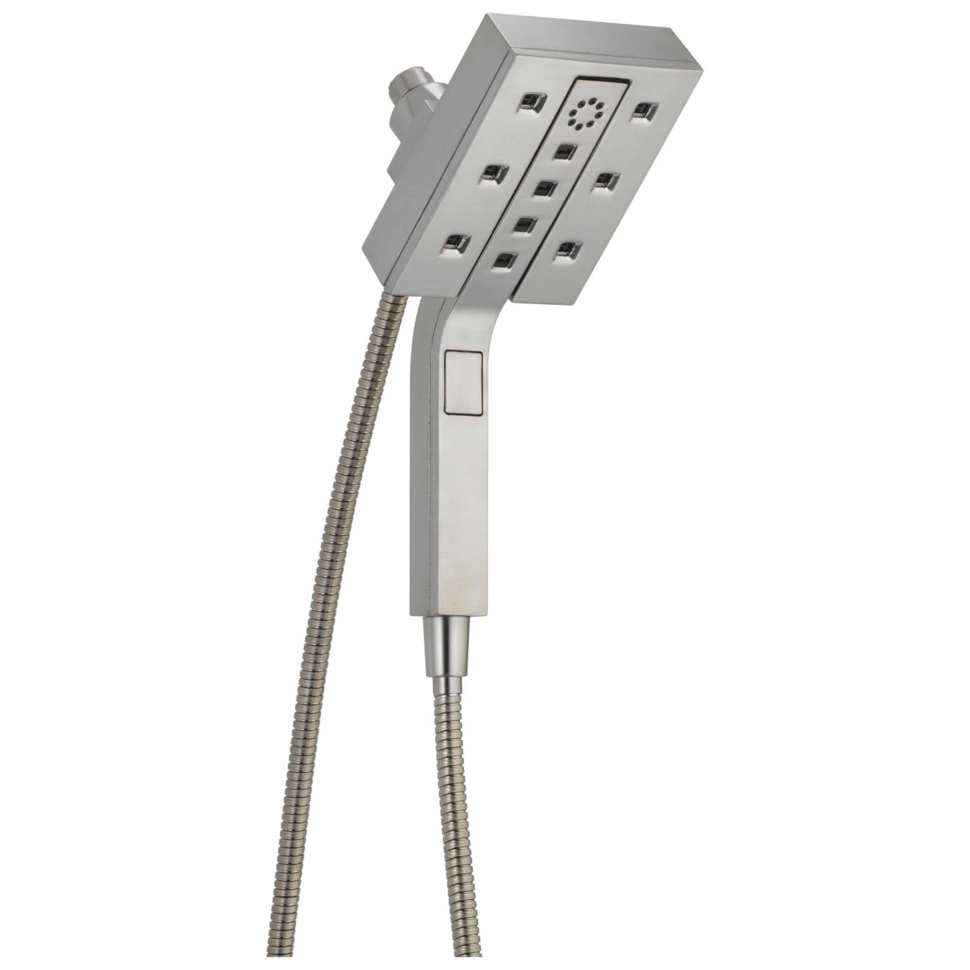 Square chrome shower head with multiple jets and attached handheld sprayer with flexible hose.