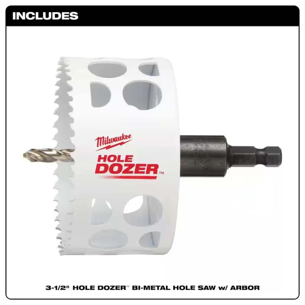 Milwaukee HOLE DOZER bi-metal hole saw with white plastic body, serrated cutting edge, black arbor shaft, and drill bit attac