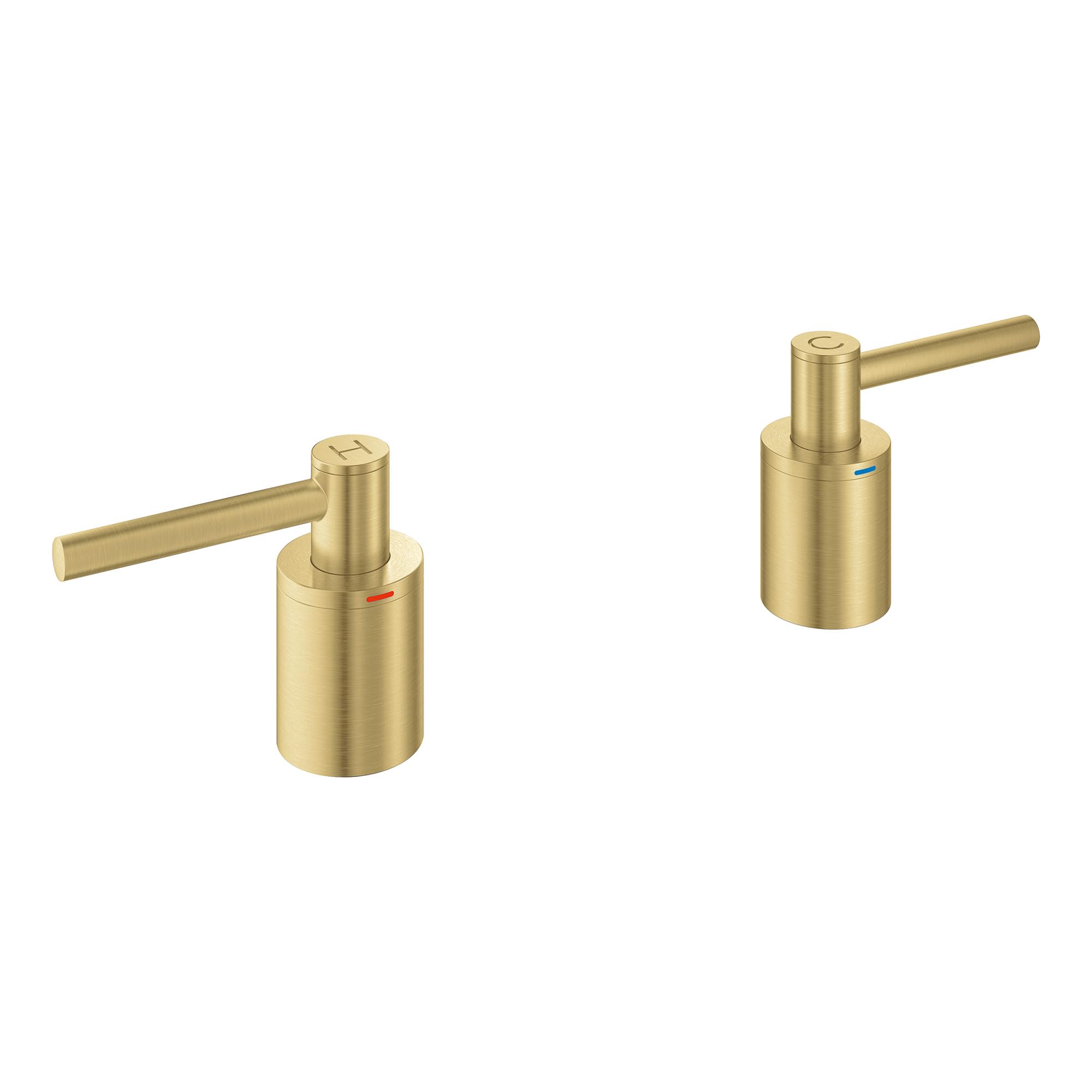 Pair of brushed gold cylindrical lever handles with extended arms for tub filler installation.