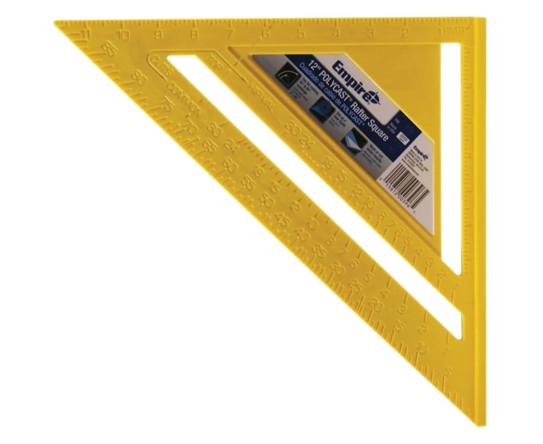 Yellow polycast rafter square with measurement markings and Empire brand label visible on top edge.