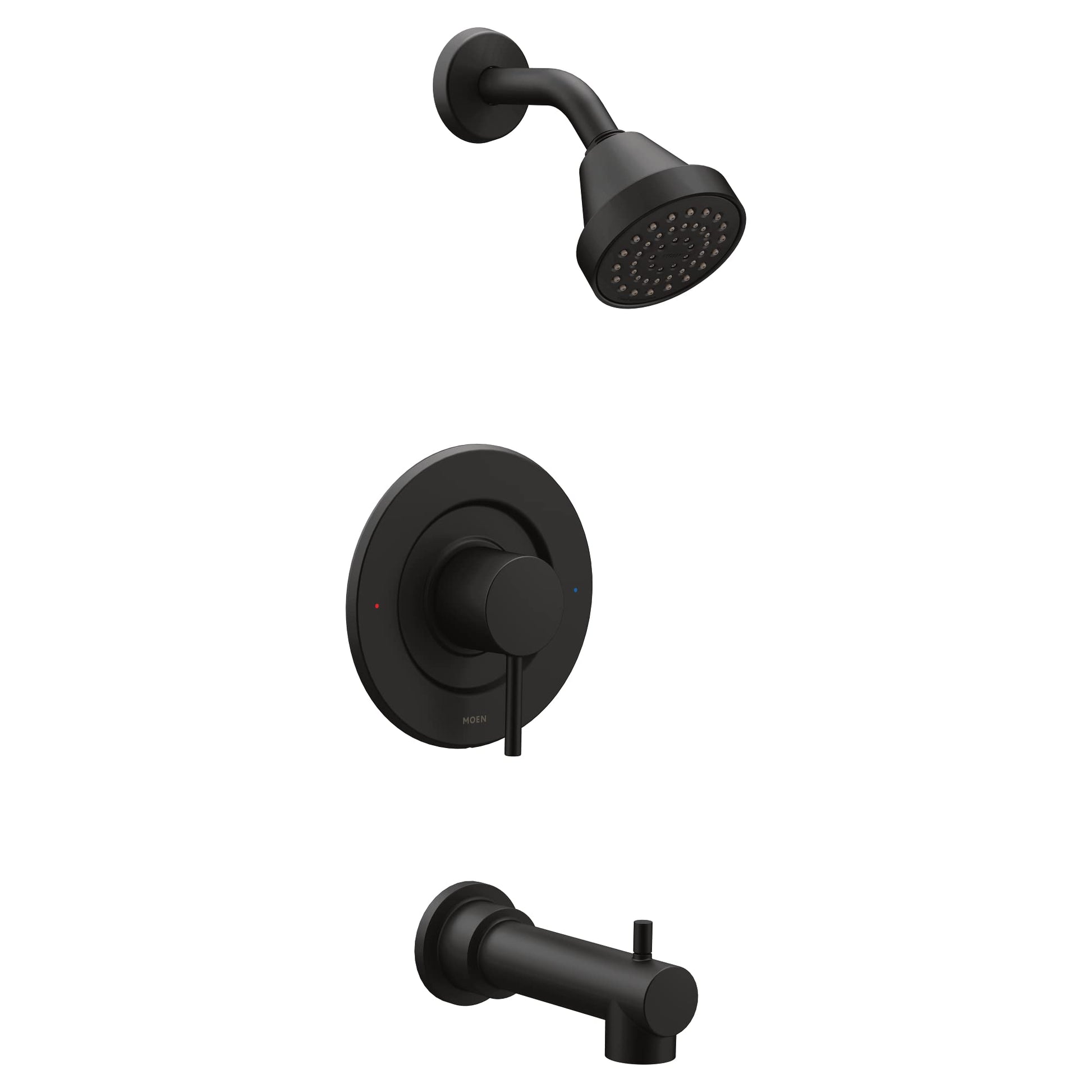 Matte black tub and shower trim kit with round shower head, lever handle valve, and tub spout.