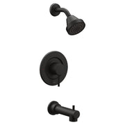 Matte black shower trim kit with round showerhead, lever handle valve, and tub spout.