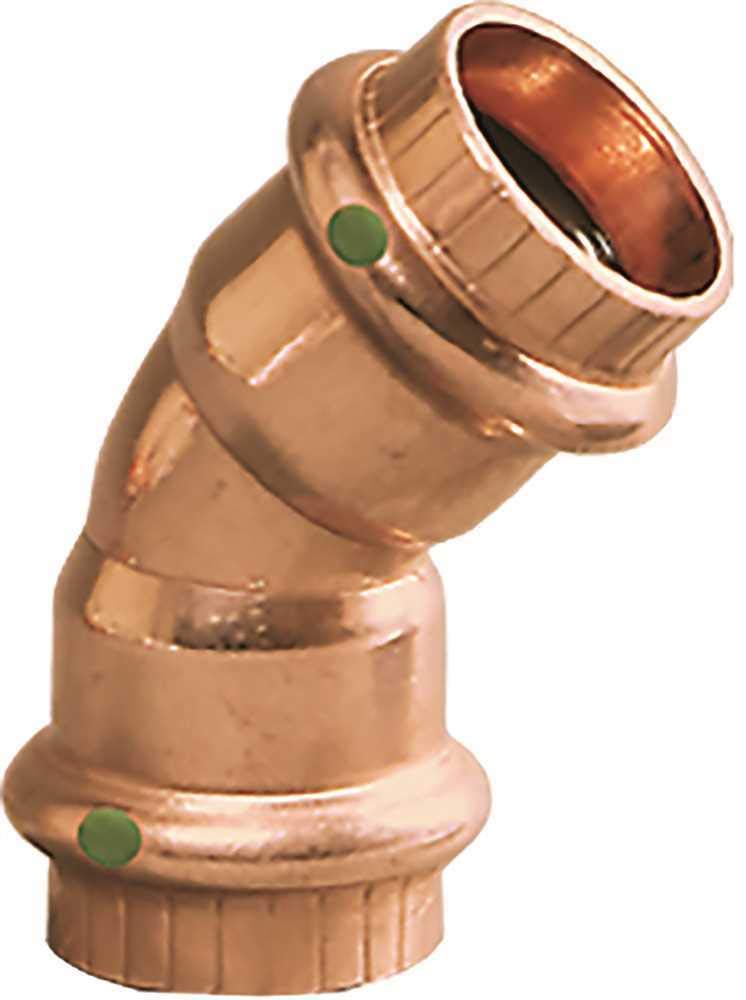 Copper 45-degree press elbow fitting with green indicator dots on both connection ends.