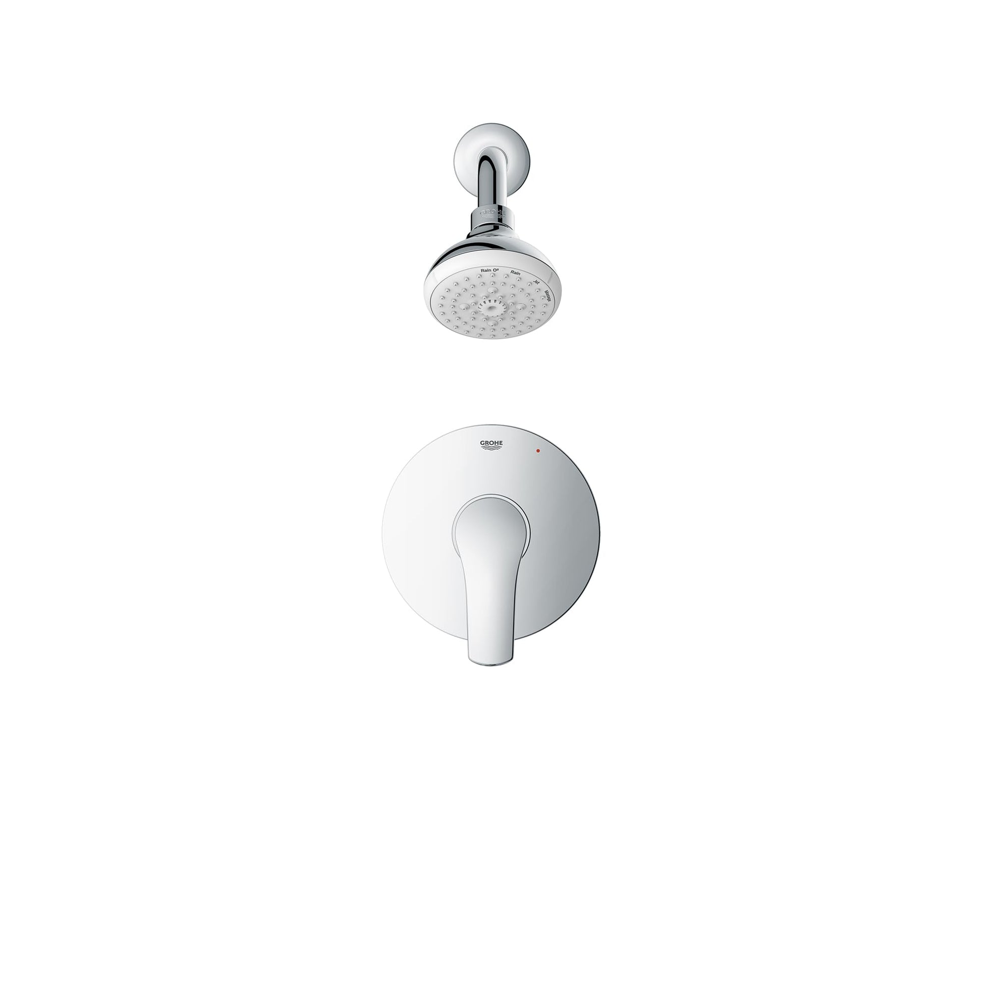 Grohe Eurosmart chrome shower valve with round trim plate, lever handle, and overhead showerhead with wall mount.