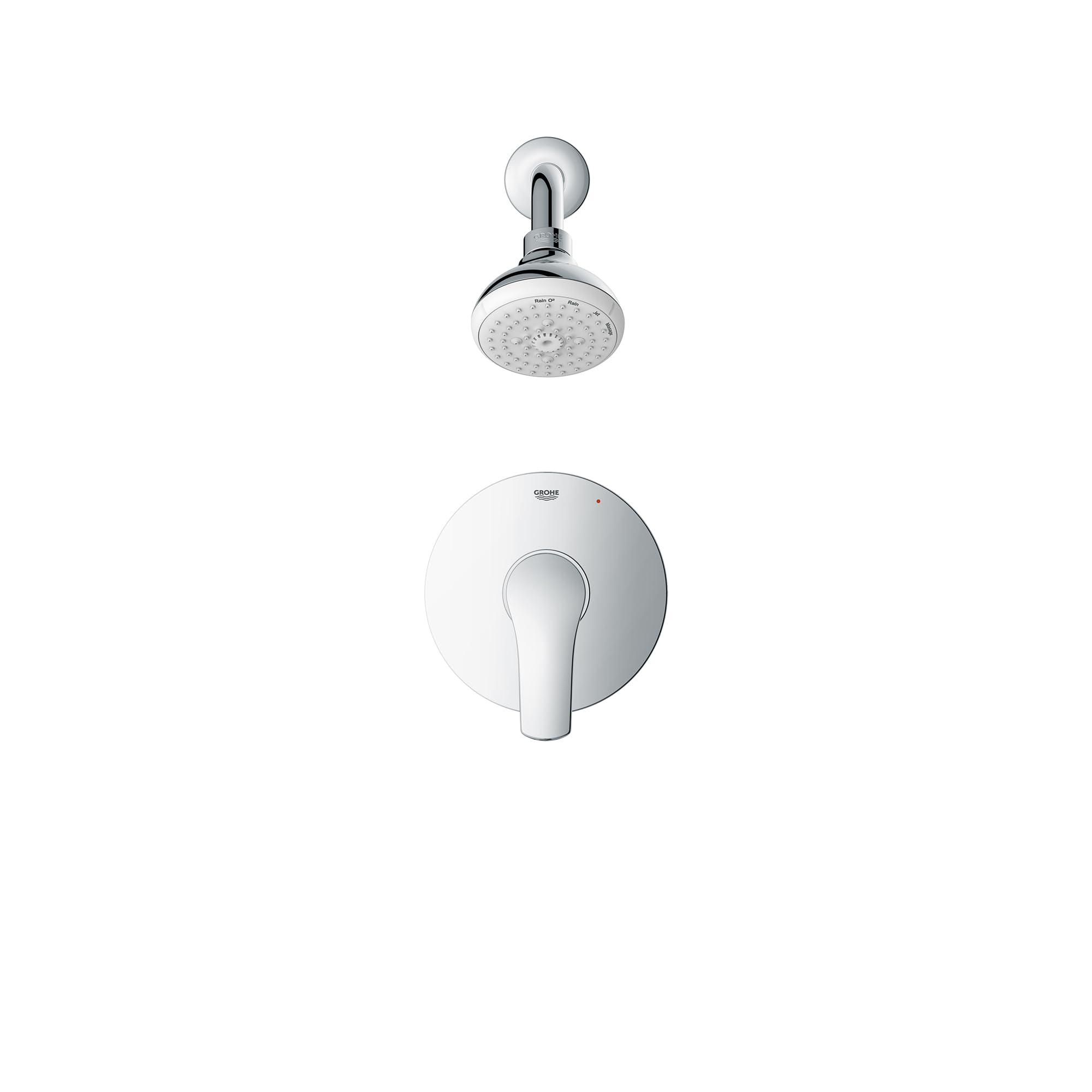 Grohe Eurosmart chrome shower valve with round trim plate, lever handle, and overhead showerhead with wall mount.