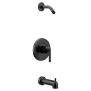 Matte black single-handle tub and shower trim kit with wall-mounted showerhead, control valve, and tub spout.