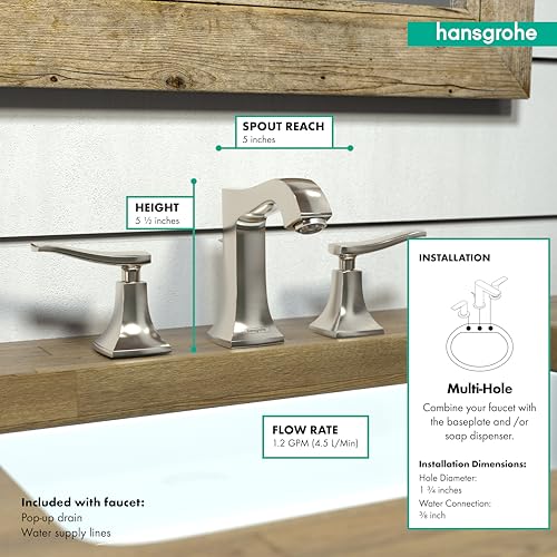 Polished nickel three-piece widespread bathroom faucet with curved spout and lever handles on wooden countertop.