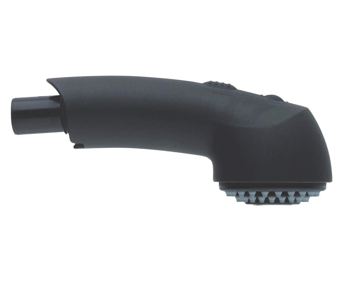 Black pull-out spray head with nozzle holes and connection port for kitchen faucet.