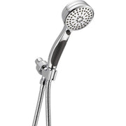 Chrome hand shower head with black grip handle attached to flexible metal hose and wall mount bracket.