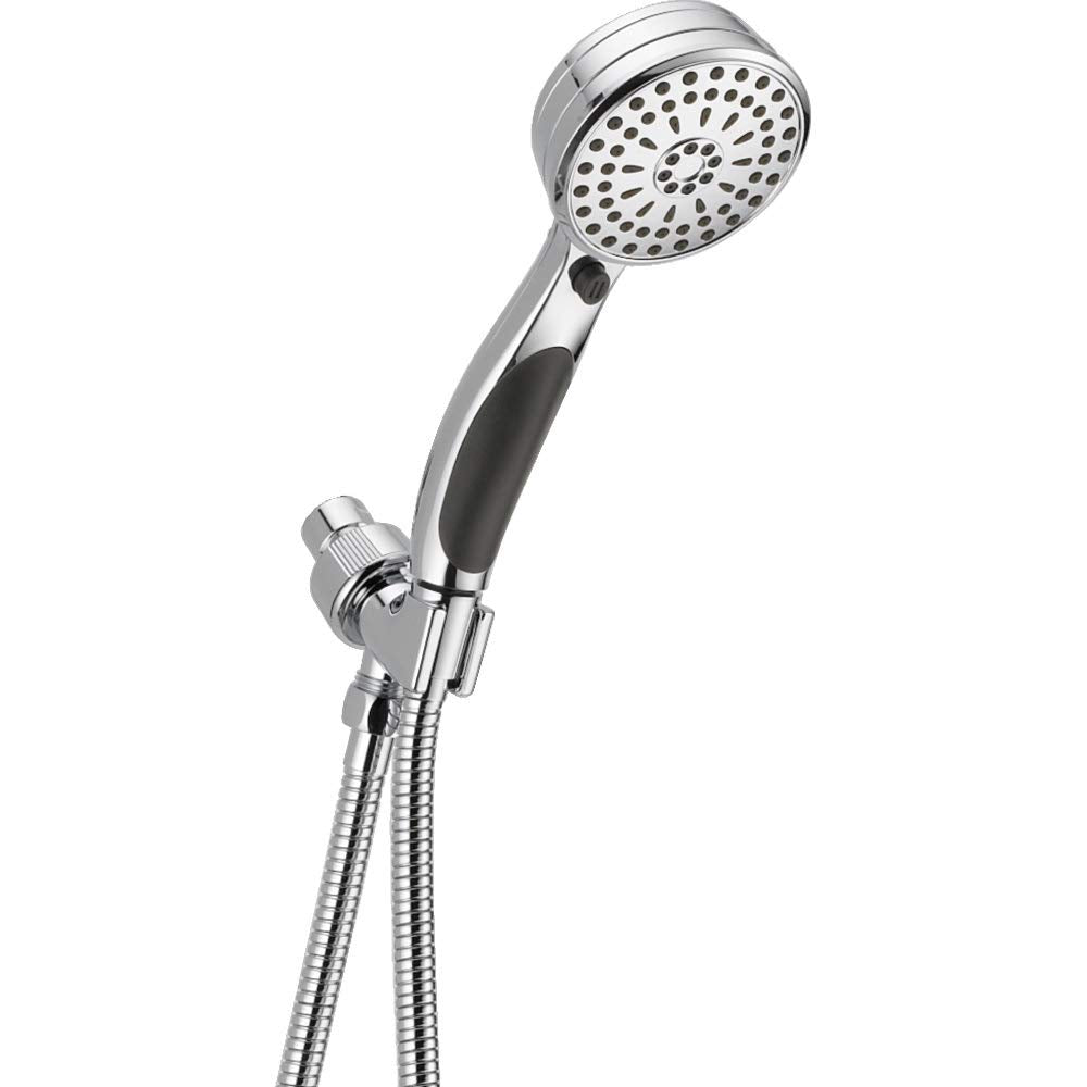 Chrome hand shower head with black grip handle attached to flexible metal hose and wall mount bracket.