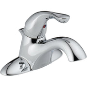 Chrome single-handle bathroom faucet with curved spout, lever control, and pop-up drain assembly.