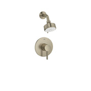 Brushed nickel shower valve with round trim plate, control lever, and overhead showerhead with curved arm.