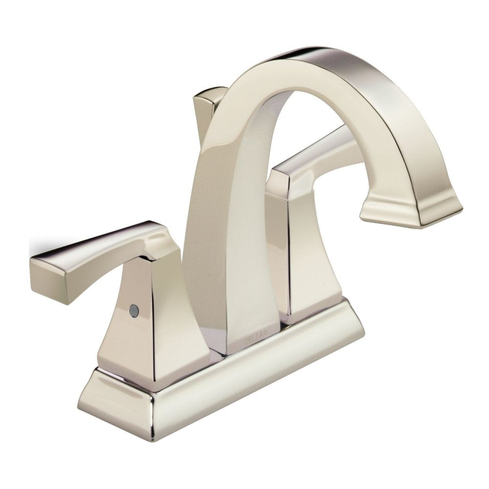Chrome two-handle centerset bathroom faucet with curved spout and squared lever handles.