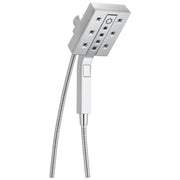 Chrome square showerhead with multiple spray jets and detachable handheld shower connected by flexible hose.