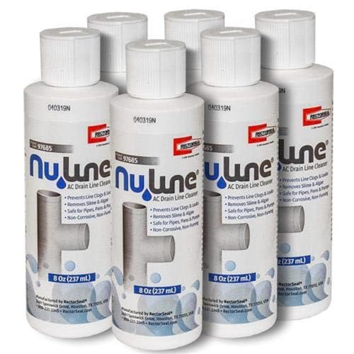Six white bottles of Nuline AC drain line cleaner, each 8 oz, with white caps and blue/red labels.