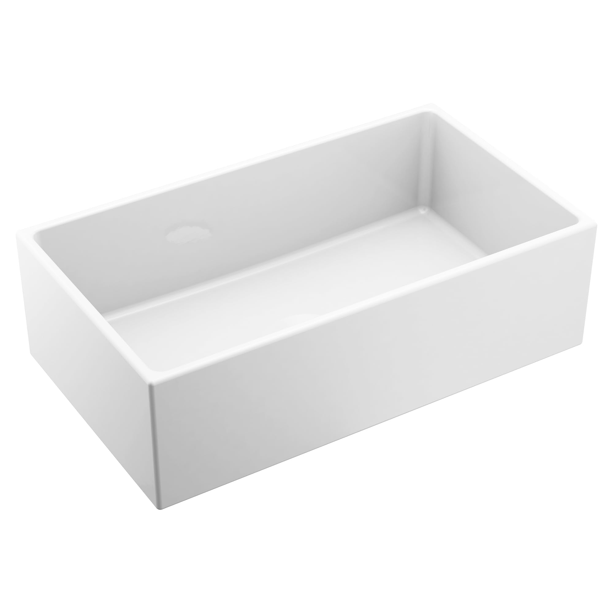 White fireclay apron front undermount kitchen sink with single rectangular bowl and drain hole.