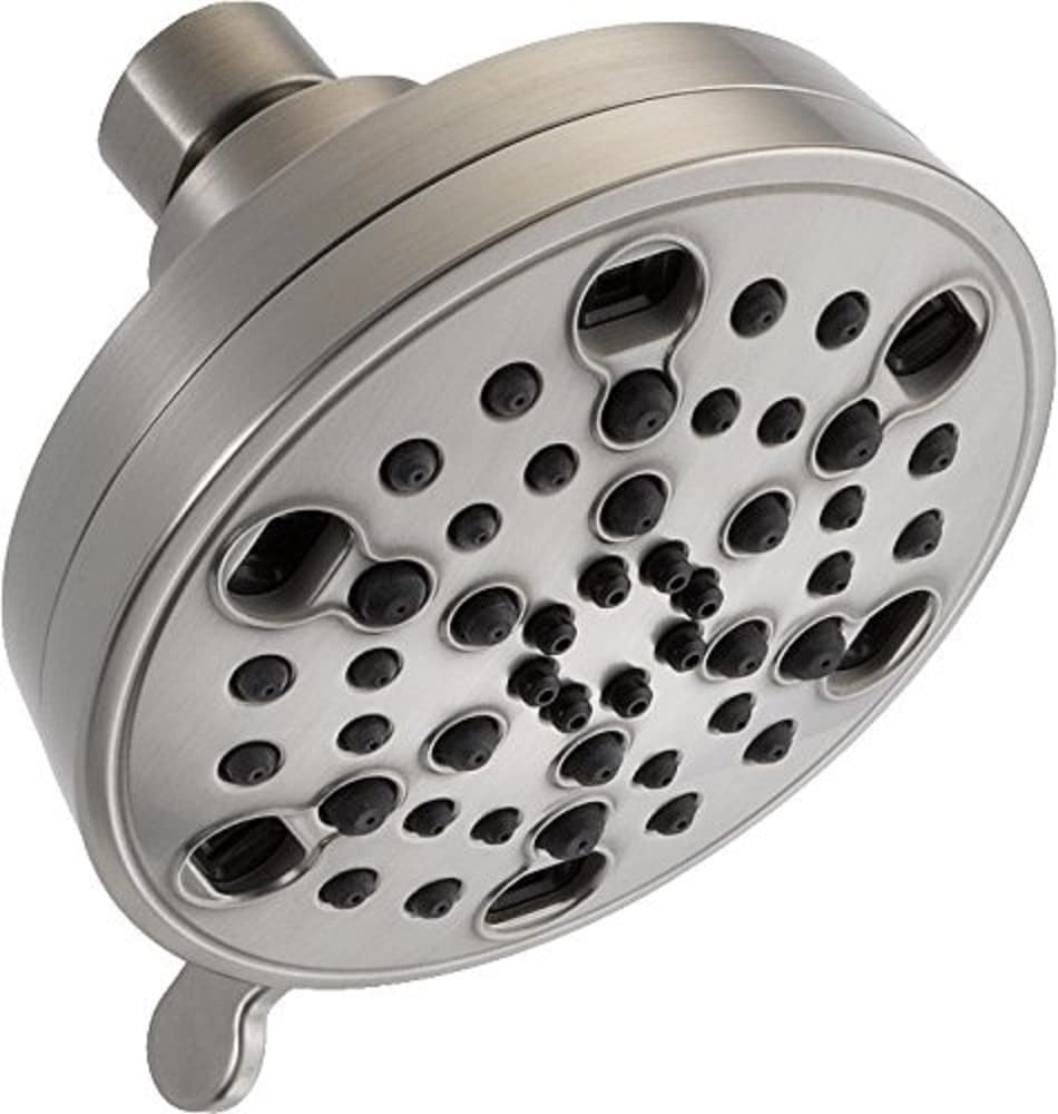 Chrome shower head with round face, multiple spray jets in various sizes, and angled mounting bracket.