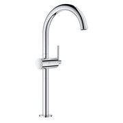 Chrome single-handle bathroom faucet with curved spout and cylindrical lever handle.