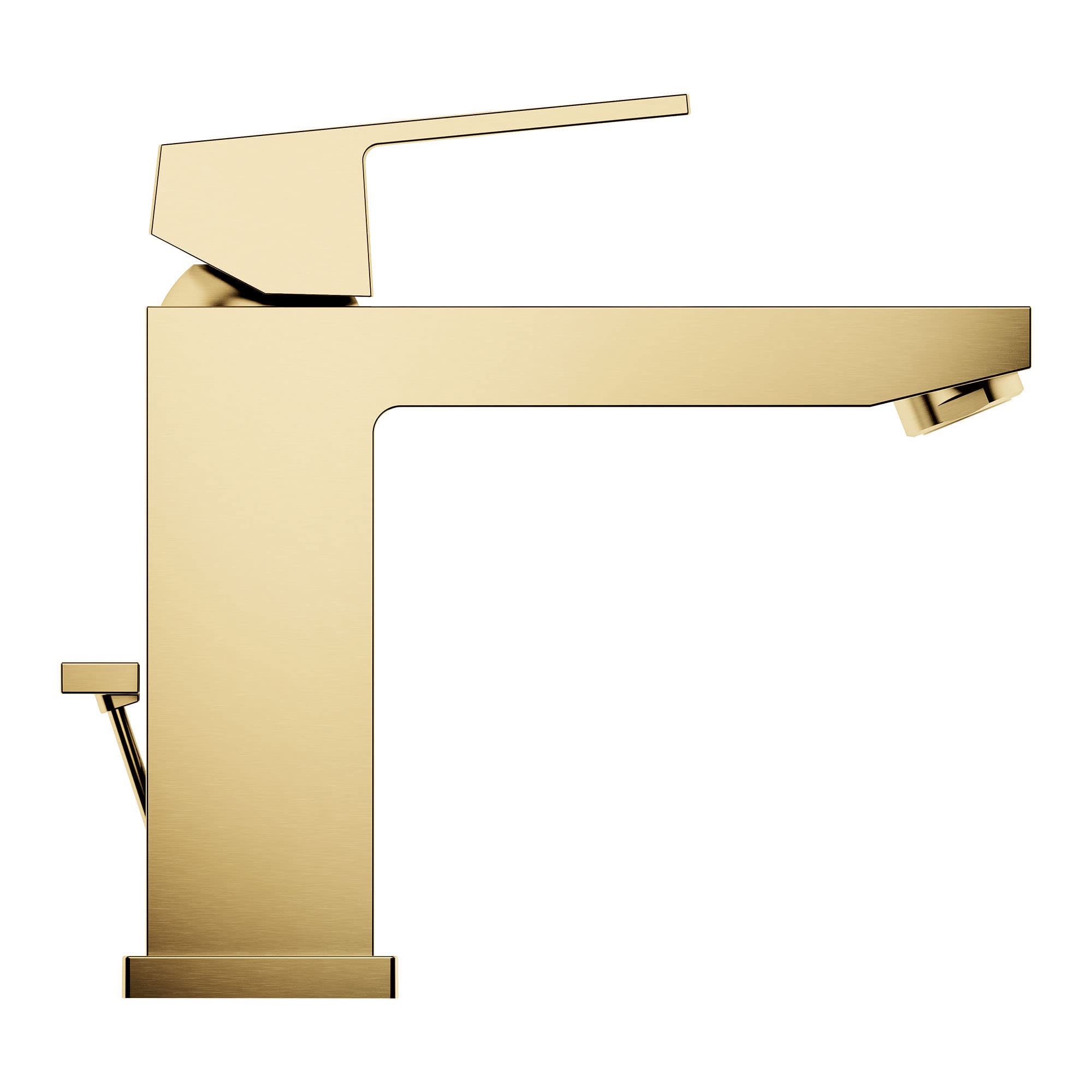 Brushed gold single-handle bathroom faucet with angular geometric design and spout extending to the right.