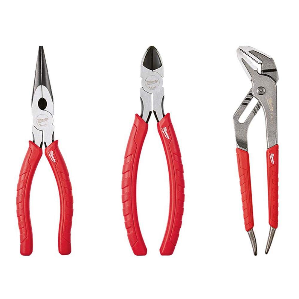 Three steel pliers with red handles: needle-nose, diagonal cutting, and groove-joint styles.
