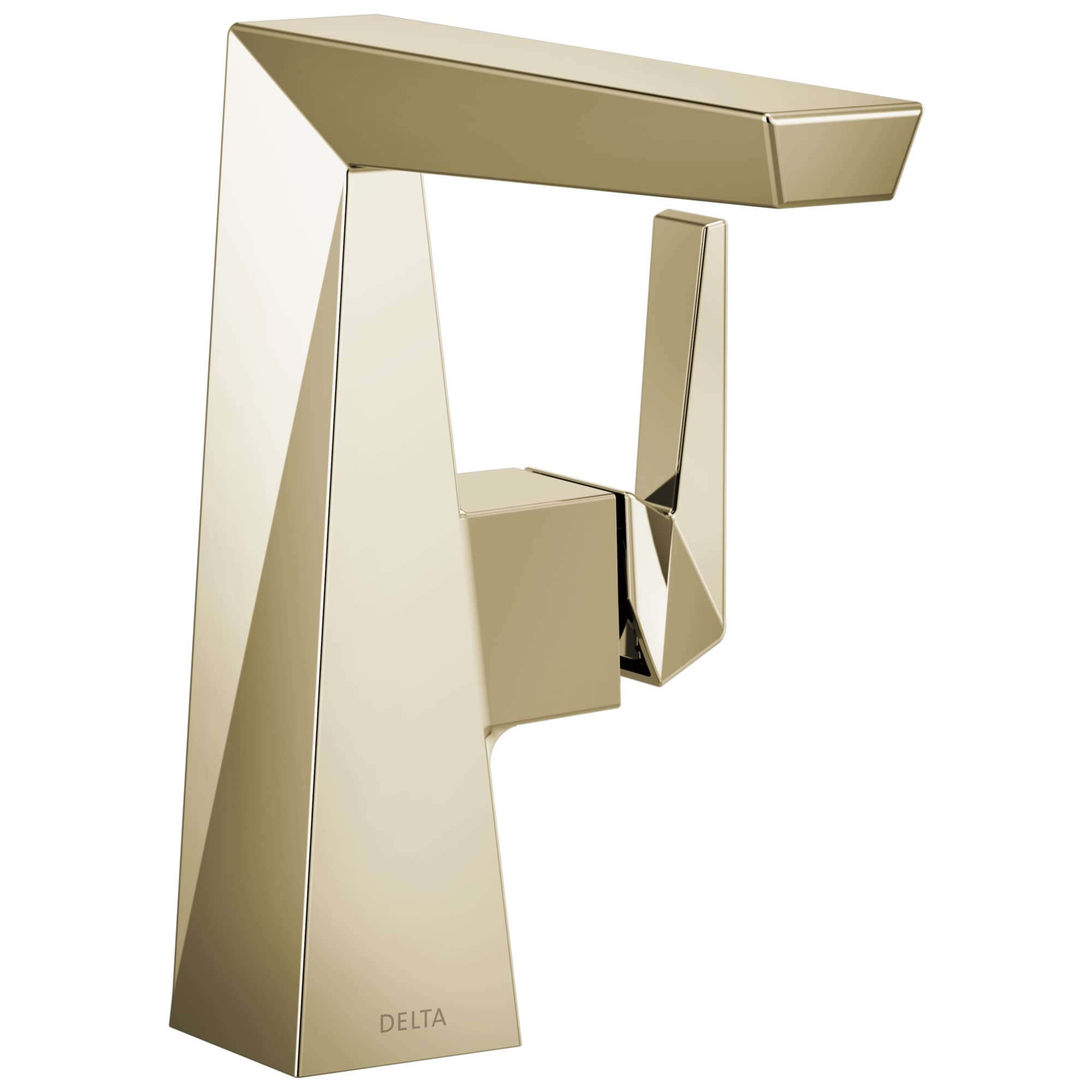 Champagne gold single-handle bathroom faucet with geometric tapered base and angular spout.