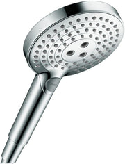 Chrome handheld showerhead with multiple jet holes arranged in concentric circles and control button on handle.