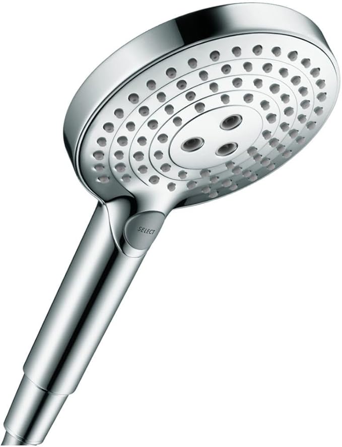 Chrome handheld showerhead with multiple jet holes arranged in concentric circles and control button on handle.