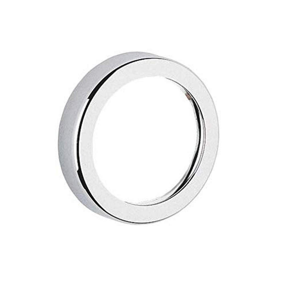 Chrome ring-shaped escutcheon with inner black trim detail, viewed at an angle against white background.