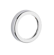 Chrome ring-shaped escutcheon with inner black trim detail, viewed at an angle against white background.