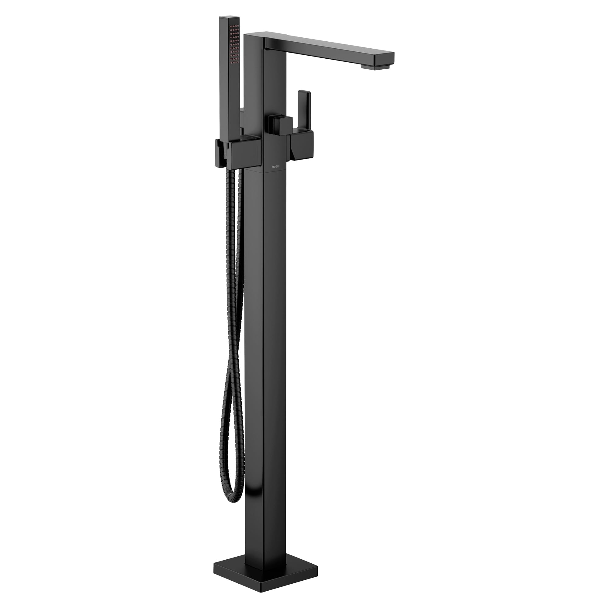 Matte black freestanding tub filler with single handle, angled spout, and attached handshower with hose.
