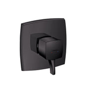 Matte black square pressure balance shower trim with cube handle and indicator dots on face plate.