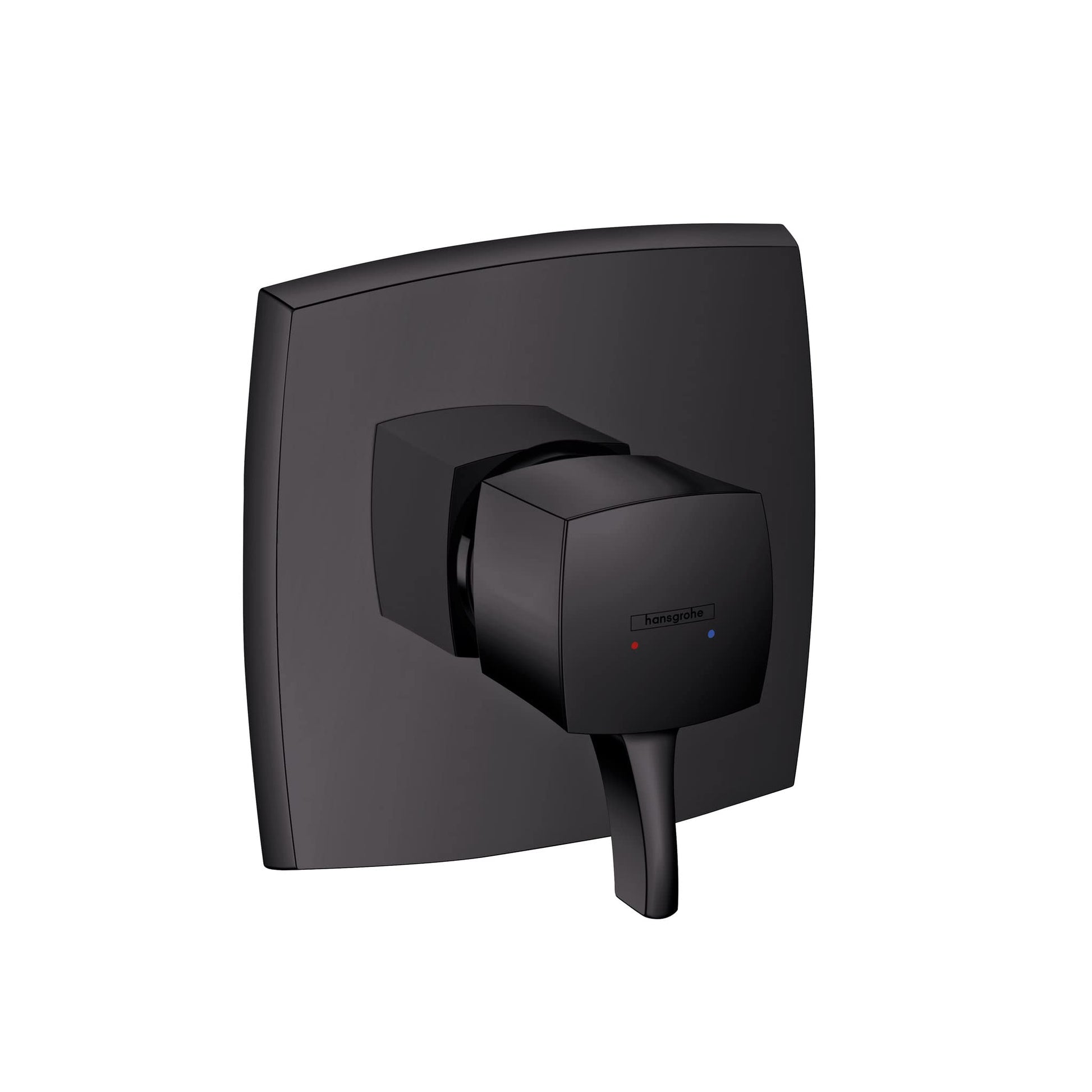 Matte black square pressure balance shower trim with cube handle and indicator dots on face plate.