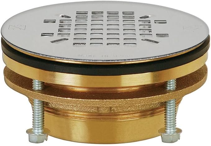 Stainless steel and brass modular shower drain with 2-inch outer locknut style connection and rectangular grate pattern.
