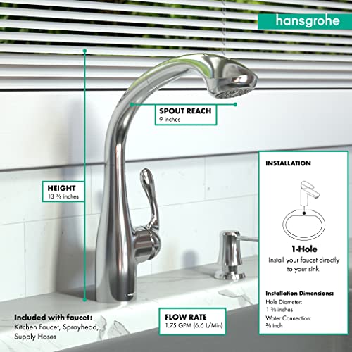 Hansgrohe Allegro E chrome kitchen faucet with curved spout, pull-down spray, and labeled specifications for height, reach, a