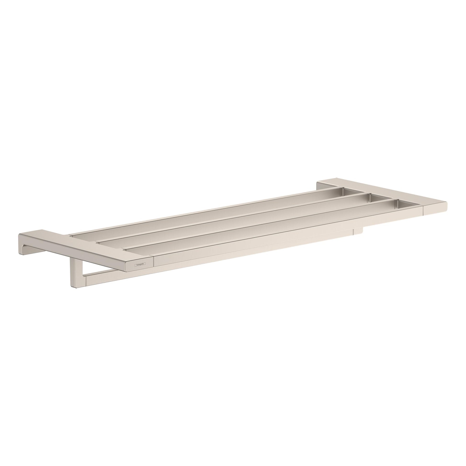Brushed nickel wall-mounted towel rack with horizontal bar and rectangular shelf, angled view.