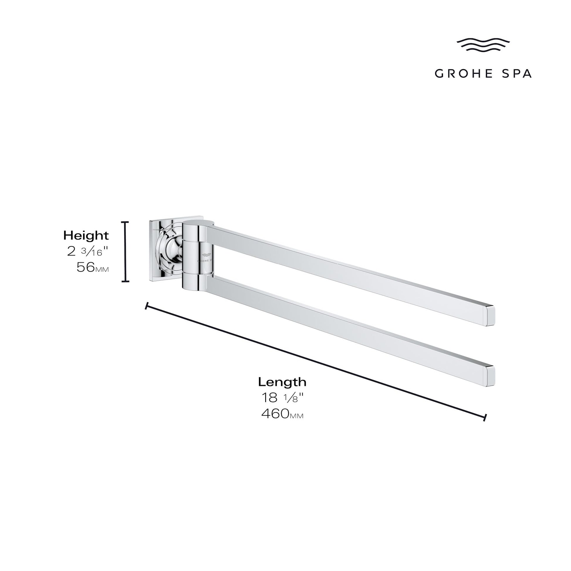 Grohe Allure brushed nickel double towel bar with two horizontal rails and wall mount bracket, dimensions shown.