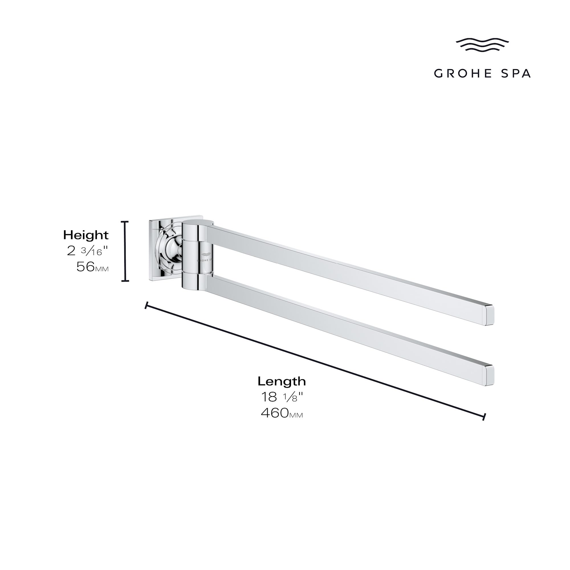 Grohe Allure brushed cool sunrise double towel bar with two horizontal bars and wall mount bracket, showing dimensions.