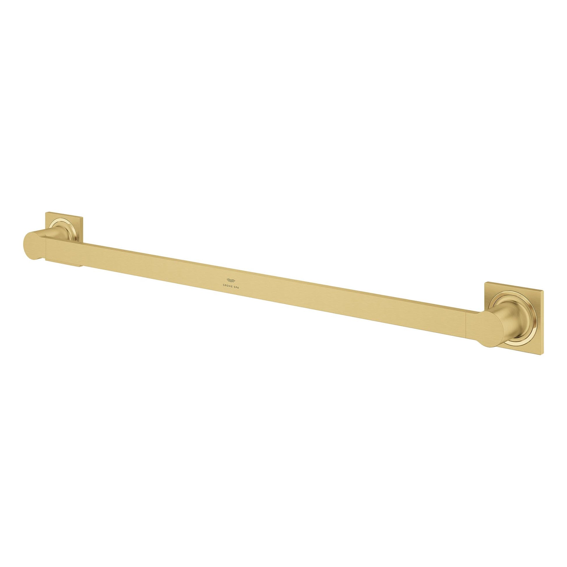 Brushed nickel horizontal towel bar with square mounting plates at each end.