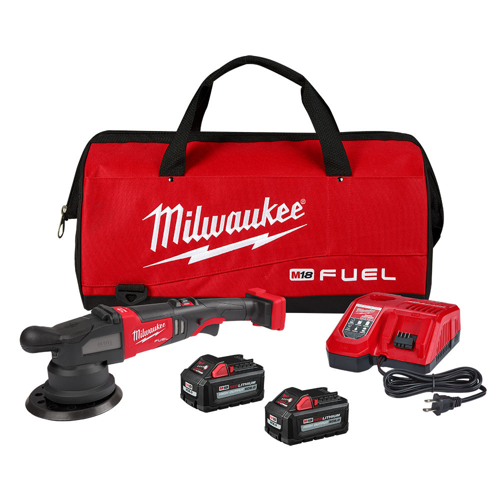 Milwaukee M18 FUEL random orbital polisher kit with red canvas bag, charger, two batteries, and power cord.
