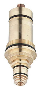 Chrome thermostatic cartridge with cylindrical body, black rubber seals, and threaded brass components.