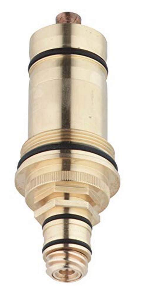 Chrome thermostatic cartridge with cylindrical body, black rubber seals, and threaded brass components.