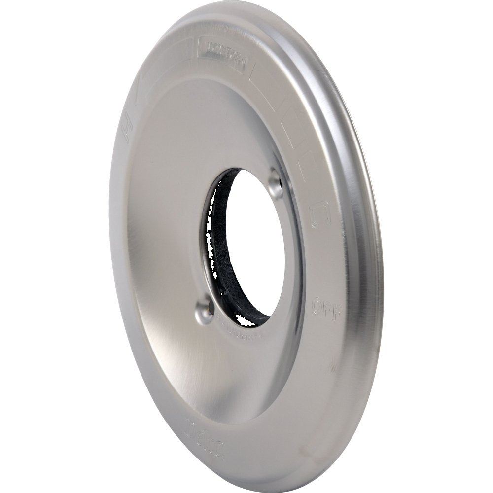 Stainless steel circular escutcheon with central opening and black seal ring.